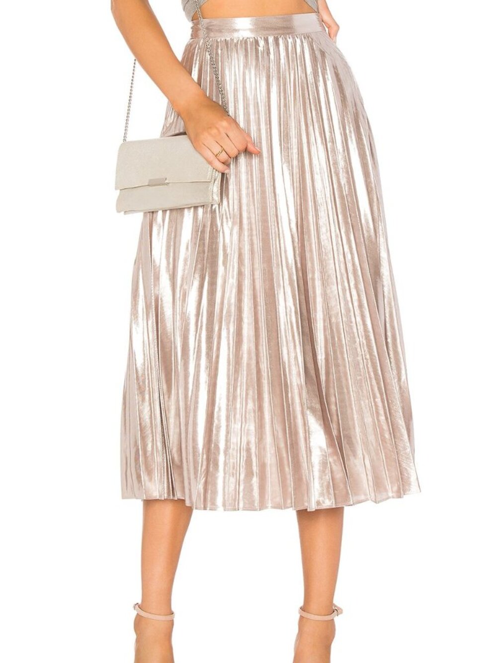 Like New 1.STATE Metallic Pleated Midi Skirt Shimmer Champagne Pink Size 6
